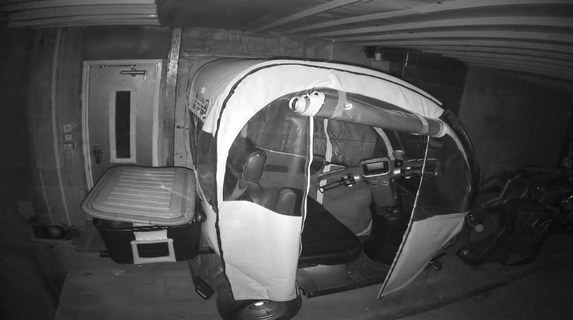 Mobility scooter stored in an automated cell